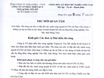 Thư mời quan tâm: Thi công san nền và đắp dải cây xanh xung quanh lô CN1 (6,7ha)