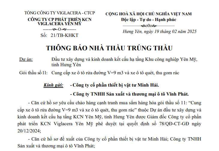 Thông báo nhà thầu trúng thầu