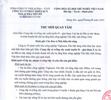 Thư mời quan tâm cây xanh tuyến 1 - giai đoạn 3