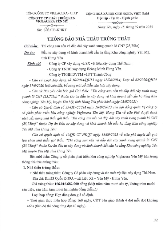 Thông báo nhà thầu trúng thầu gói thầu