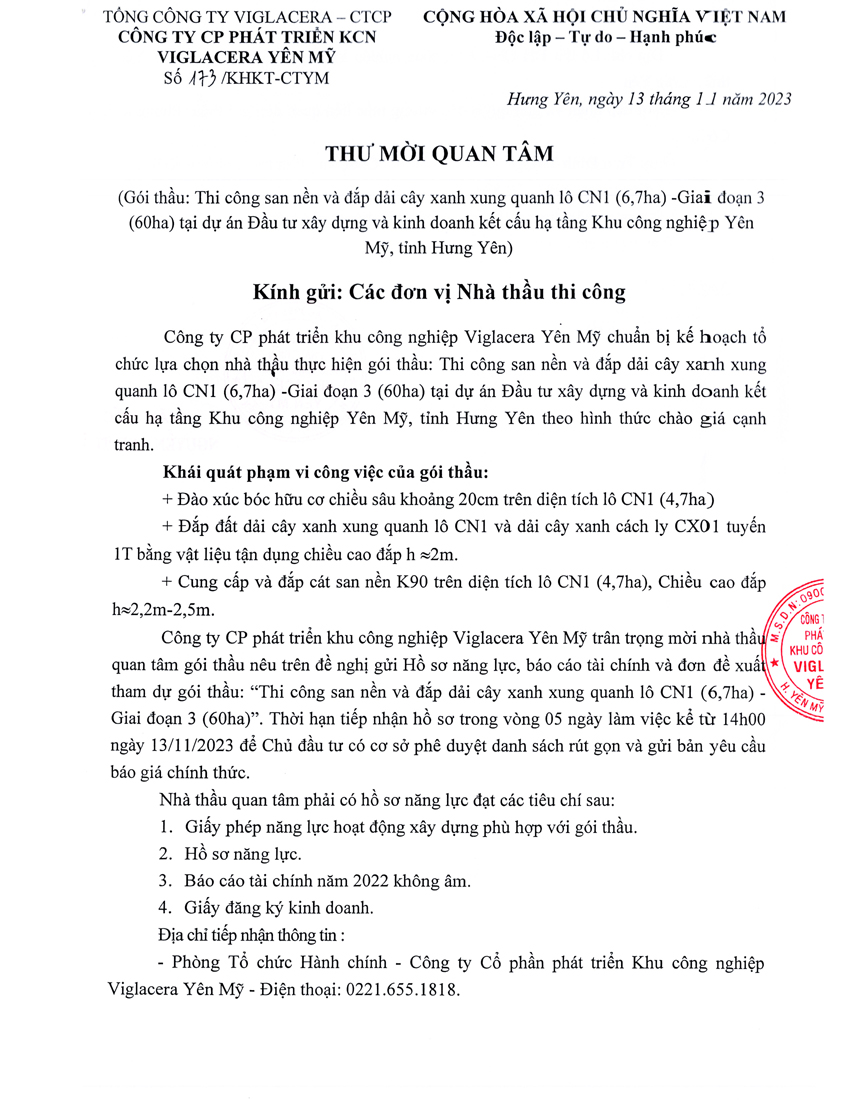 Thư mời quan tâm: Thi công san nền và đắp dải cây xanh xung quanh lô CN1 (6,7ha)- giai đoạn 3 (60ha)